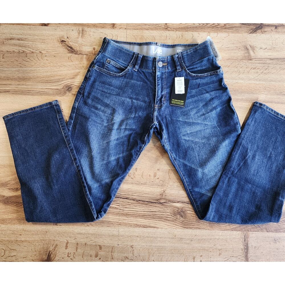 NWT Lee Mens Active Stretch Straight Taper Dark‎ Wash Blue Jeans Size 30 X 32